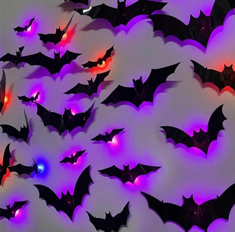 Bougerv 3D Bat Design LED Wall Stickers - Set of 12 or 24 for Halloween and Festive Decor with Effortless Installation