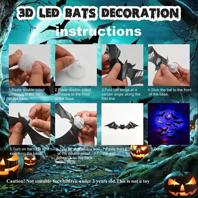 Bougerv 3D Bat Design LED Wall Stickers - Set of 12 or 24 for Halloween and Festive Decor with Effortless Installation