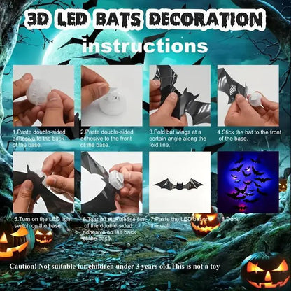 Bougerv 3D Bat Design LED Wall Stickers - Set of 12 or 24 for Halloween and Festive Decor with Effortless Installation